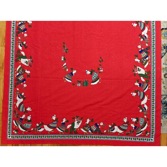 Vintage Sunweave Tablecloth Red Christmas Holiday Geese Holly Rectangular 102x60 - Picture 6 of 10